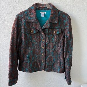 Jendo Brown lace over turquoise button up Jacket Size 12 Slit pockets